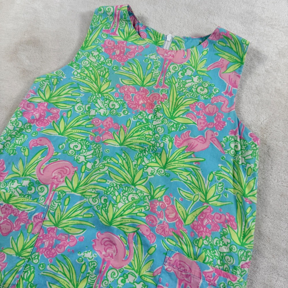 Lilly Pulitzer Girls Blue Pink Flamingo Print Shift Dress‎ Size 6 Sleeveless Bow